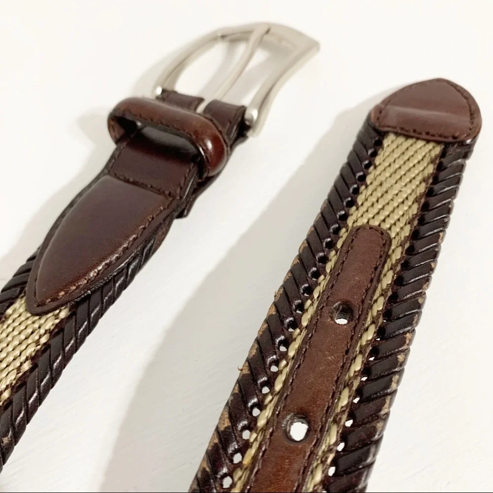 Ace Leather Belt Woven Sides Webbing Center Silver Toned Hardware Square Buckle